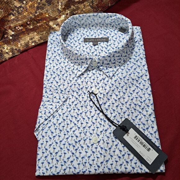 Slate & Stone Button Down Blue Flamingo collar Shirt Short Sleeve NWT - Picture 5 of 11